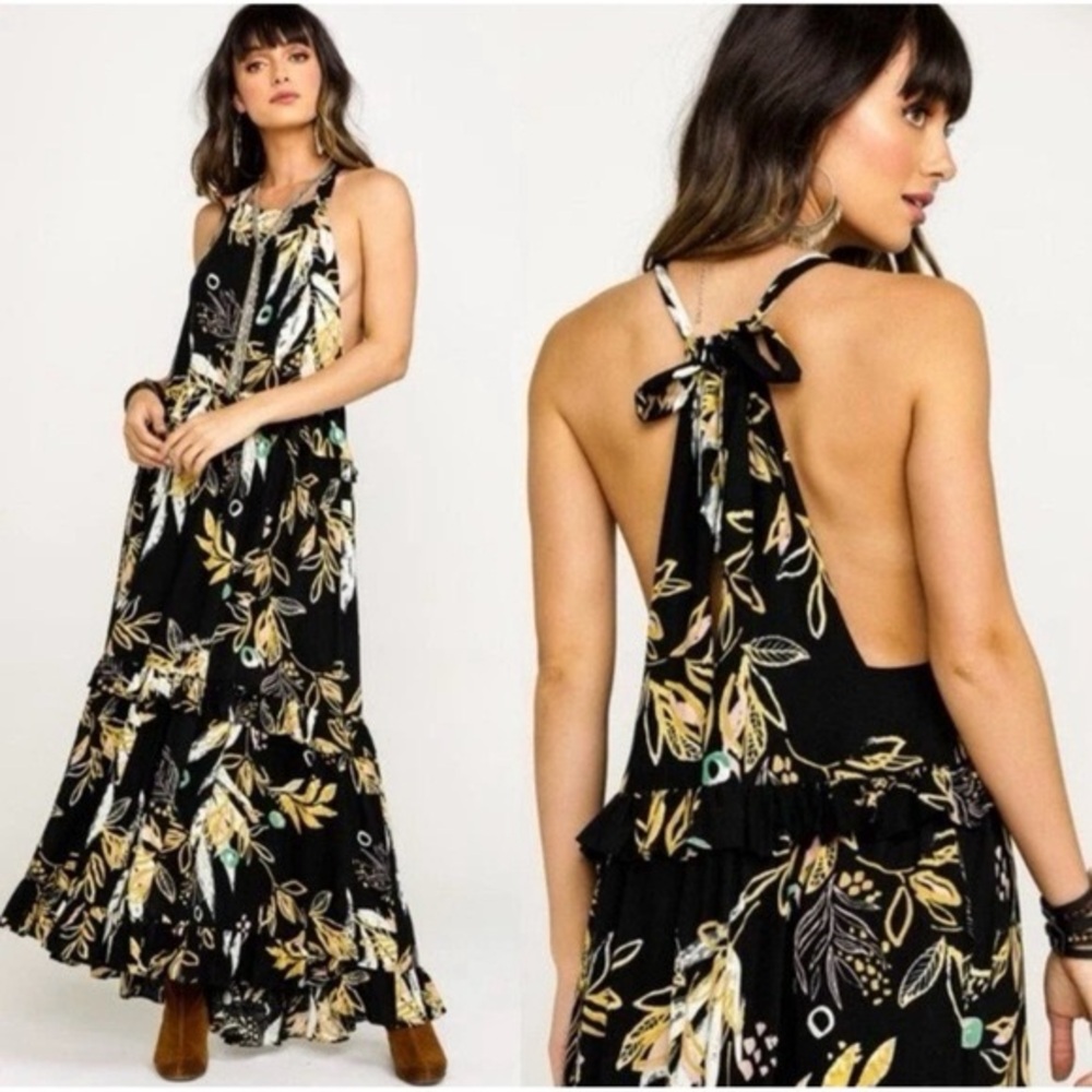 Free People Maxi Dress Size large Anita Flora Tiered Boho Tropical Resort Black